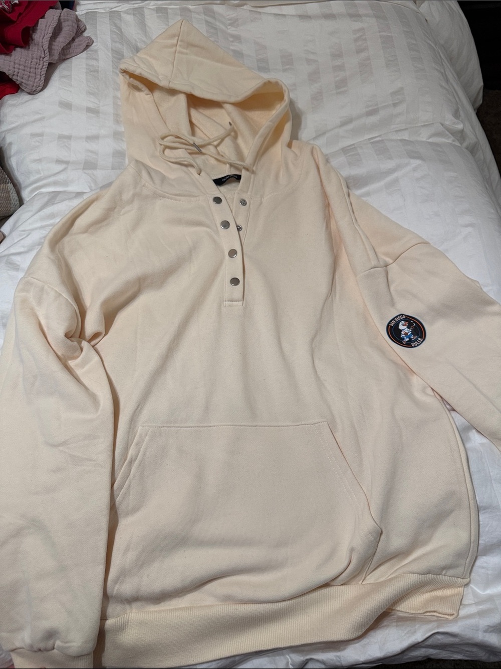 Men's Cream Hooded Pullover Sweater with Snap Placket